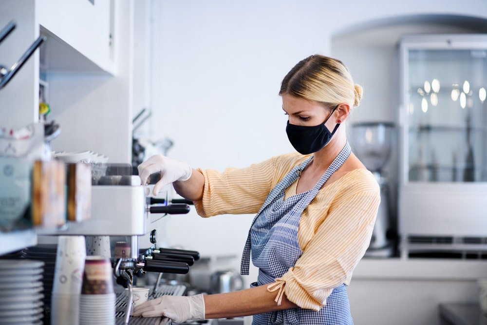 Coffee,Shop,Woman,Owner,Working,With,Face,Mask,,Open,After Barista in coffee shop